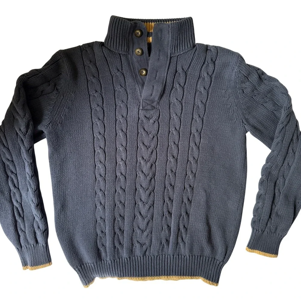 Eddie‎ Bauer Mens Navy Blue Cable Knit Cotton Mock Neck Button Sweater Large